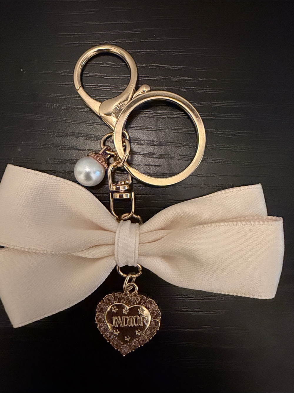 Inspired Cream Bow Keychain with Gold and Pink Heart and Pearl Charm